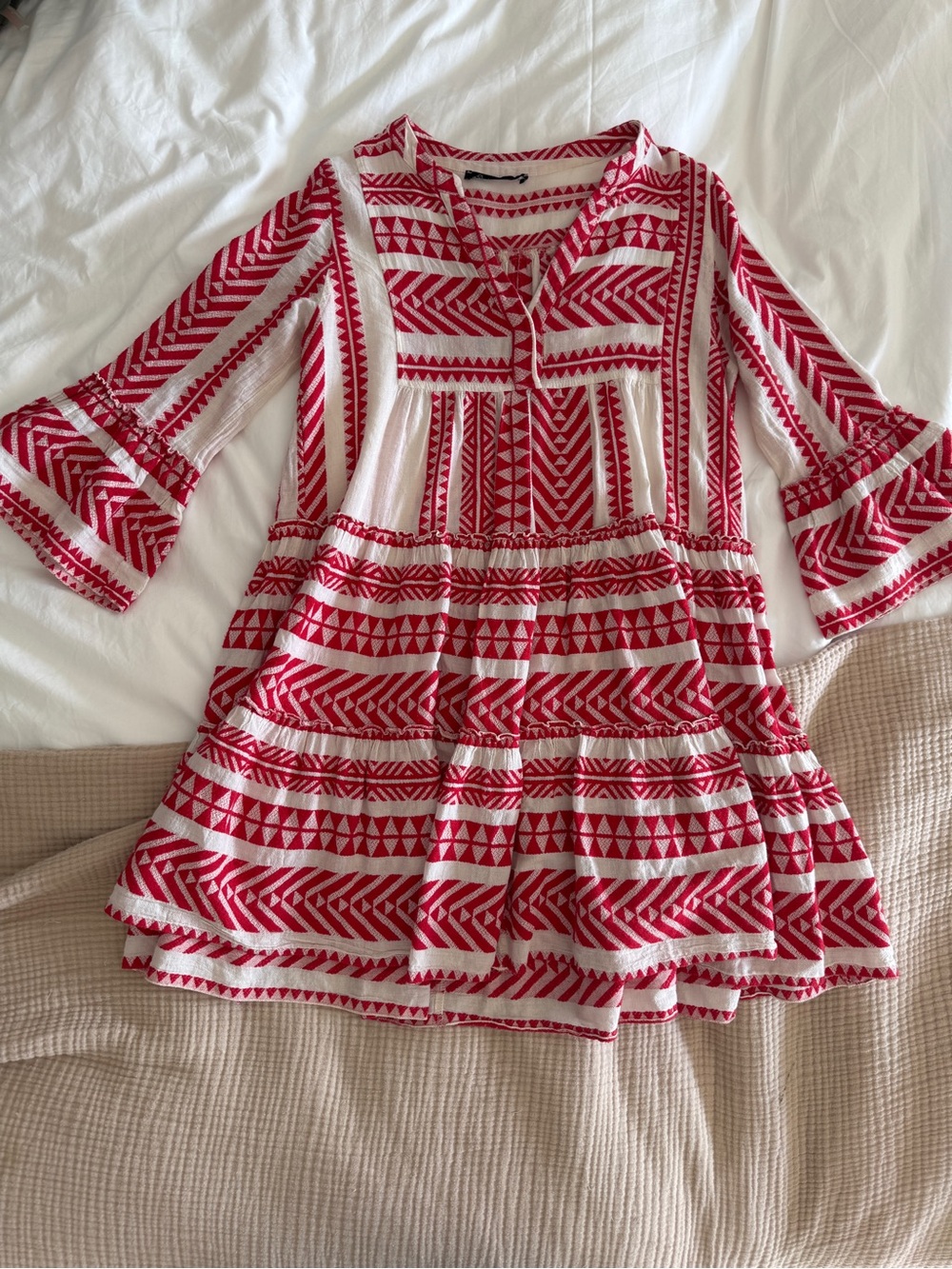 Devotion TWINS Red and White Embroidered Tiered Mini Dress